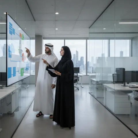 GMS cloud architects reviewing Azure architecture on a large display