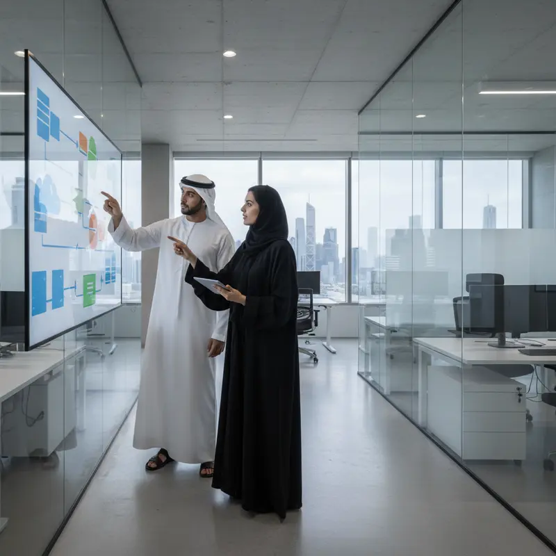 GMS cloud architects reviewing Azure architecture on a large display